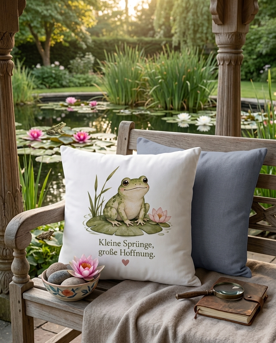 Zweifarbiger Kissenbezug Frosch mit Motiv Kleine Sprünge große Hoffnung von Wortmelodie Moments