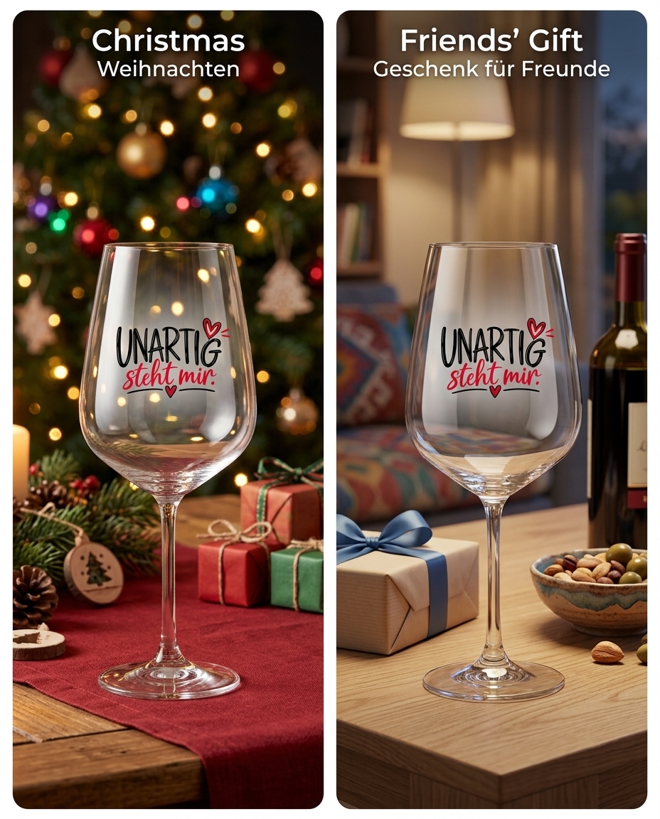 Zweigeteiltes Bild mit Weinglas von Wortmelodie Moments: Links in weihnachtlicher Kulisse, rechts auf einem Holztisch mit Geschenk und Weinglas im Hintergrund.
