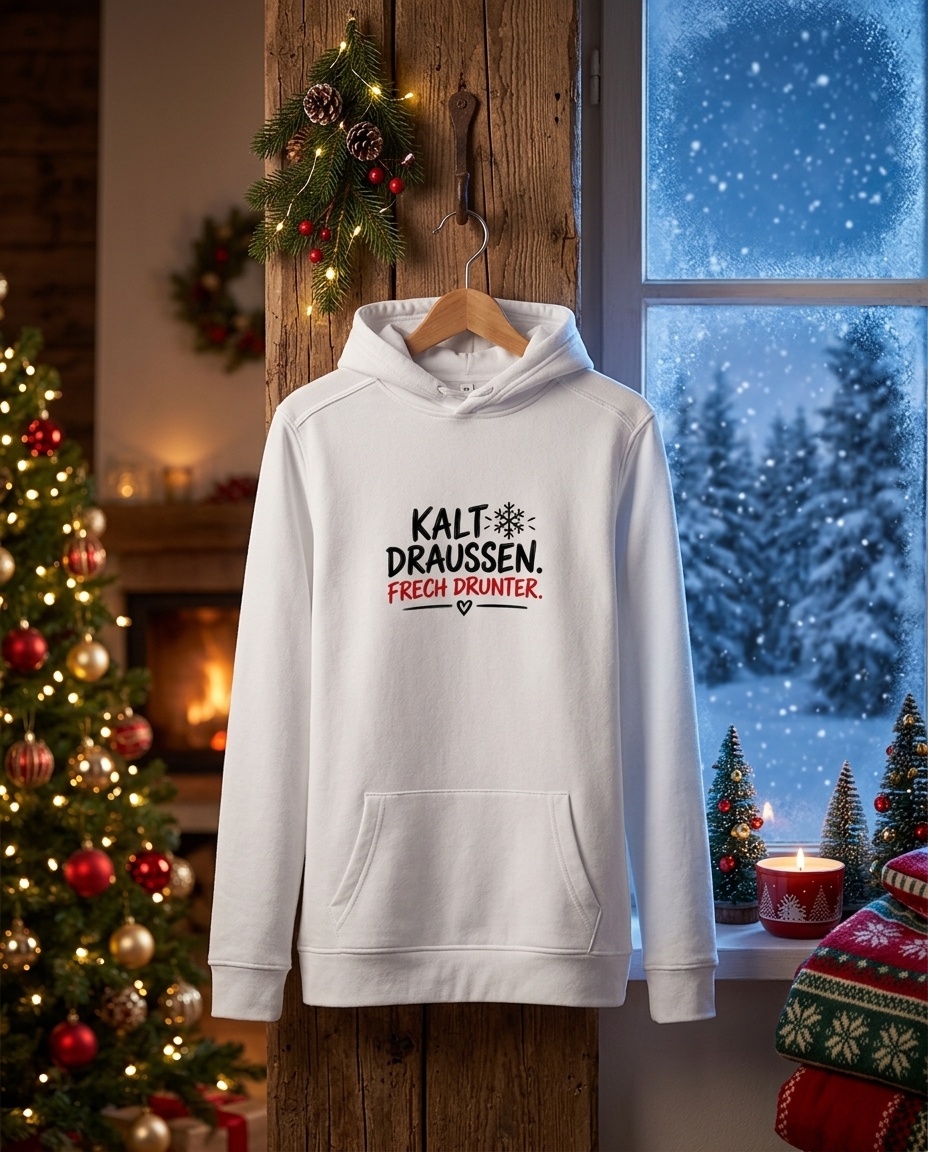Weißer Damen Promo Hoodie mit Aufdruck Kalt draußen Frech drunter von Wortmelodie Moments