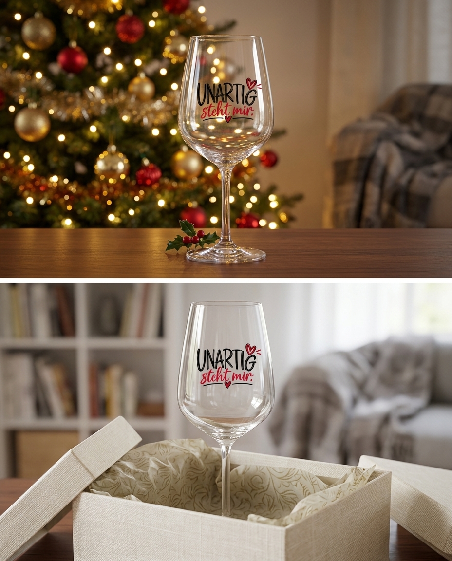 Zweigeteiltes Bild des Weinglases von Wortmelodie Moments: Oben vor Weihnachtsbaum, unten stehend in einer offenen Geschenkbox mit edlem Seidenpapier.