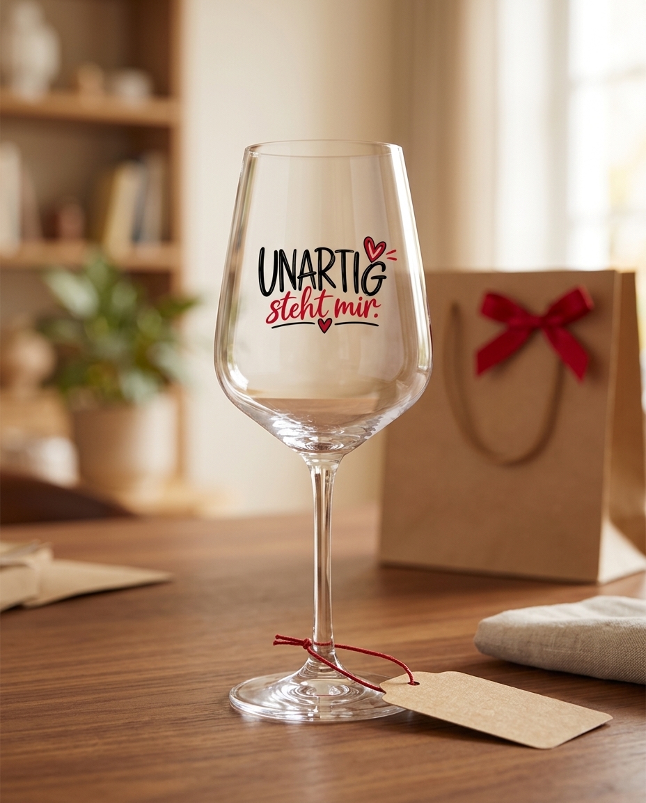 Weinglas mit Aufschrift UNARTIG mir von Wortmelodie Moments großartiges Geschenk für unartige Freunde.